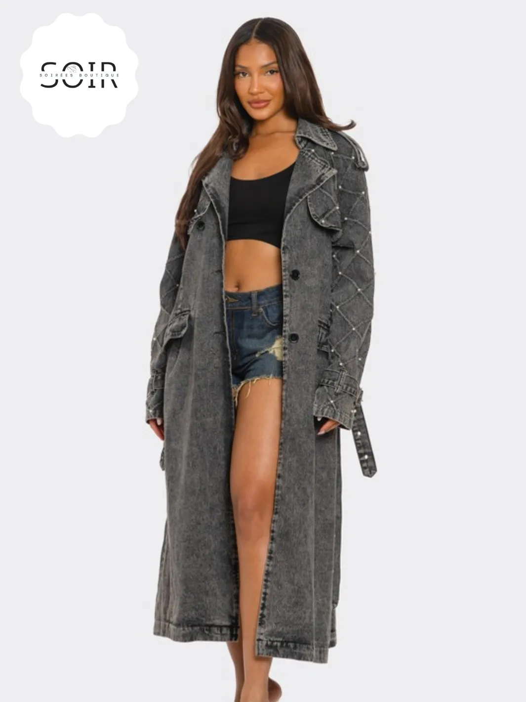 Raven Noir Distressed Denim Trench Coat
