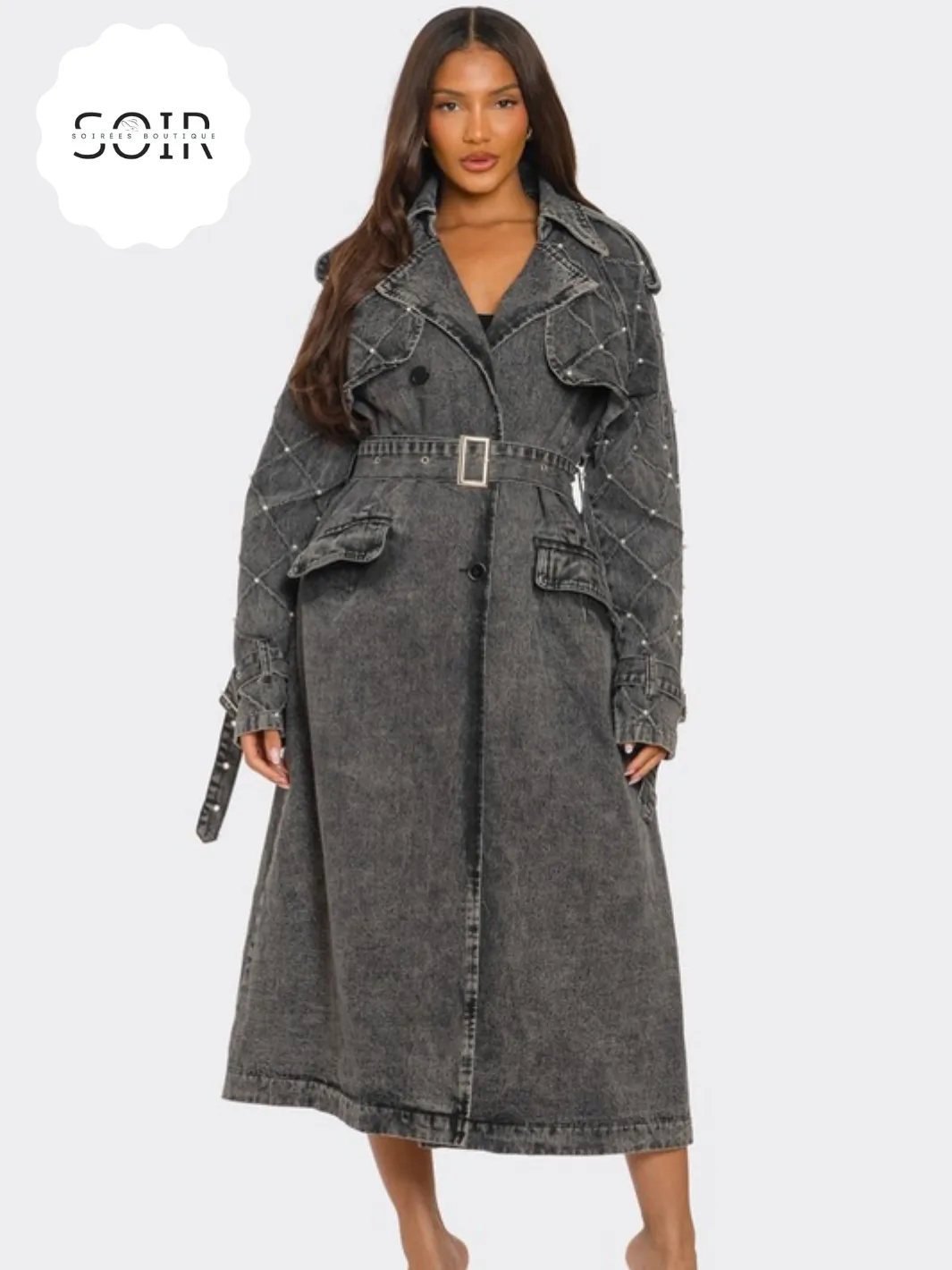 Raven Noir Distressed Denim Trench Coat