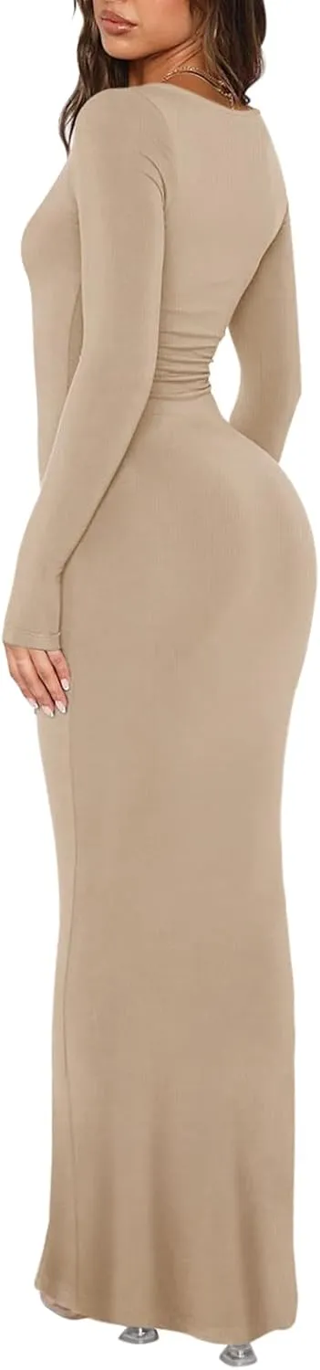 REORIA Womens Basic Sexy Square Neck Long Sleeve Soft Lounge Long Dress Fall Casual Ribbed Bodycon Maxi Dresses