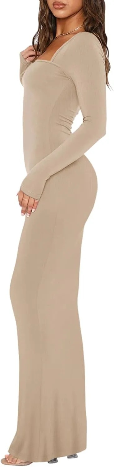 REORIA Womens Basic Sexy Square Neck Long Sleeve Soft Lounge Long Dress Fall Casual Ribbed Bodycon Maxi Dresses