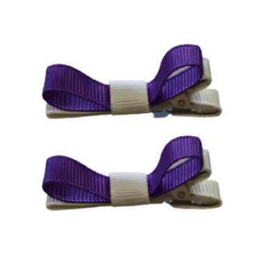 School Hair Accessories - Deluxe Hair Clips 2 Colour option (Set of 2) Ivory Base & Centre Ribbon (36 colours top)
