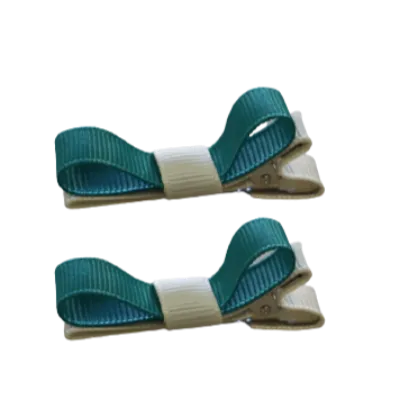 School Hair Accessories - Deluxe Hair Clips 2 Colour option (Set of 2) Ivory Base & Centre Ribbon (36 colours top)