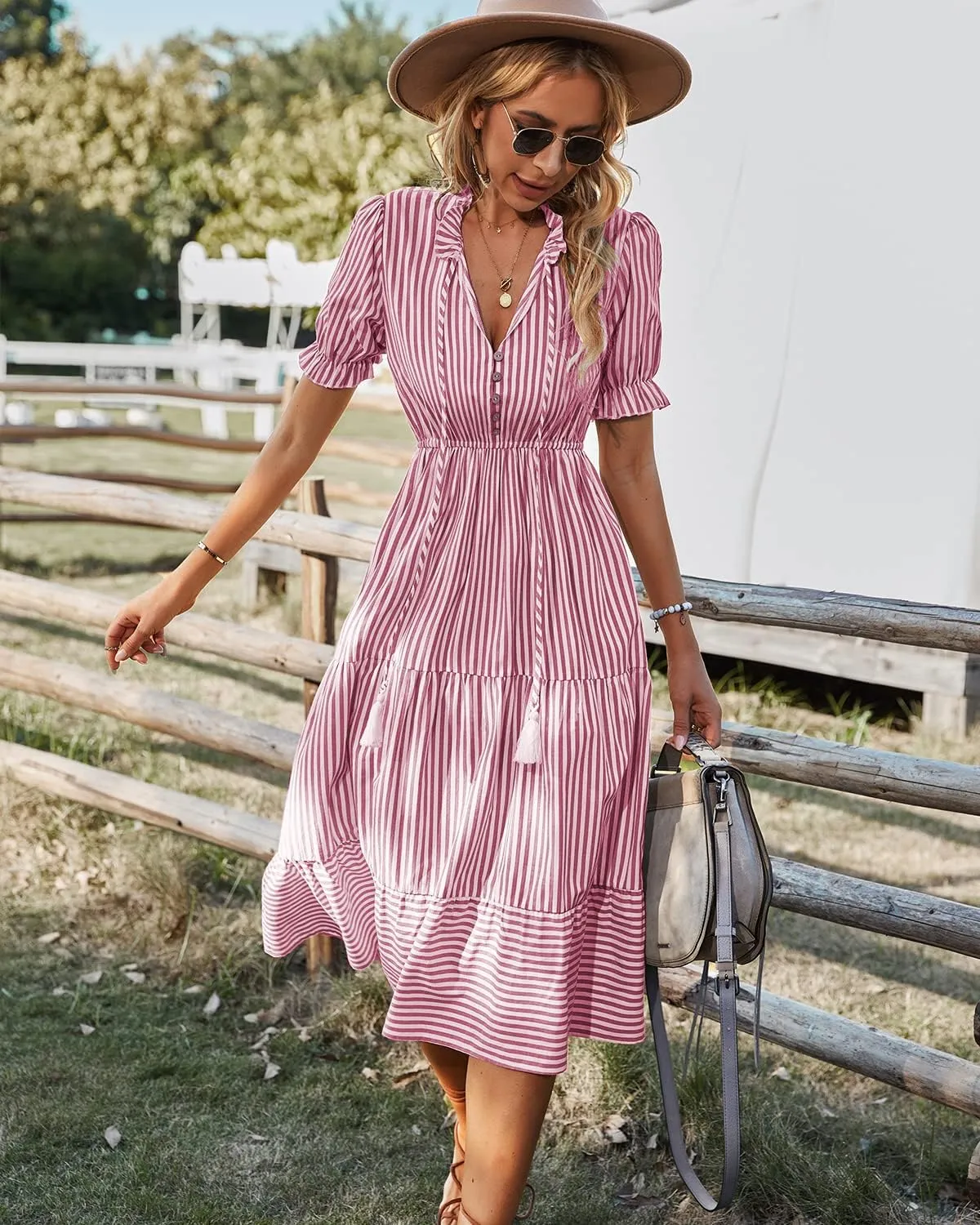 Sexyasasii Women's Summer Ruffle Puff Sleeve Dress Short Sleeve V Neck High Waist Casual Loose Striped Midi Dresses