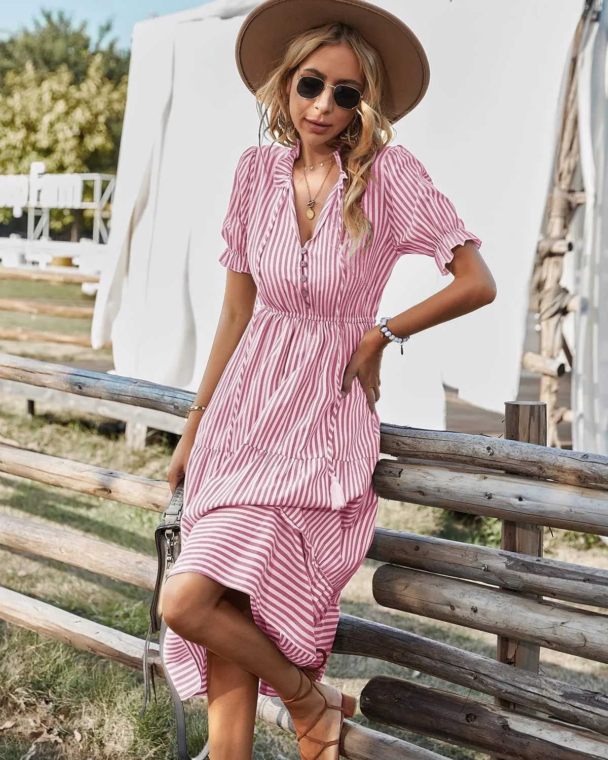Sexyasasii Women's Summer Ruffle Puff Sleeve Dress Short Sleeve V Neck High Waist Casual Loose Striped Midi Dresses