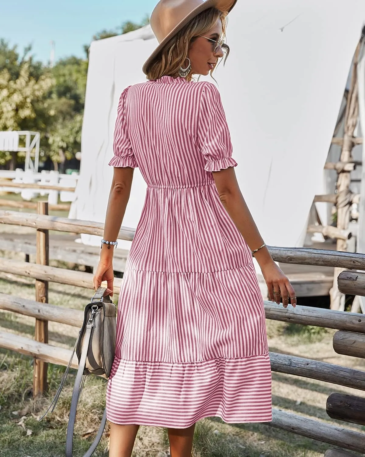 Sexyasasii Women's Summer Ruffle Puff Sleeve Dress Short Sleeve V Neck High Waist Casual Loose Striped Midi Dresses