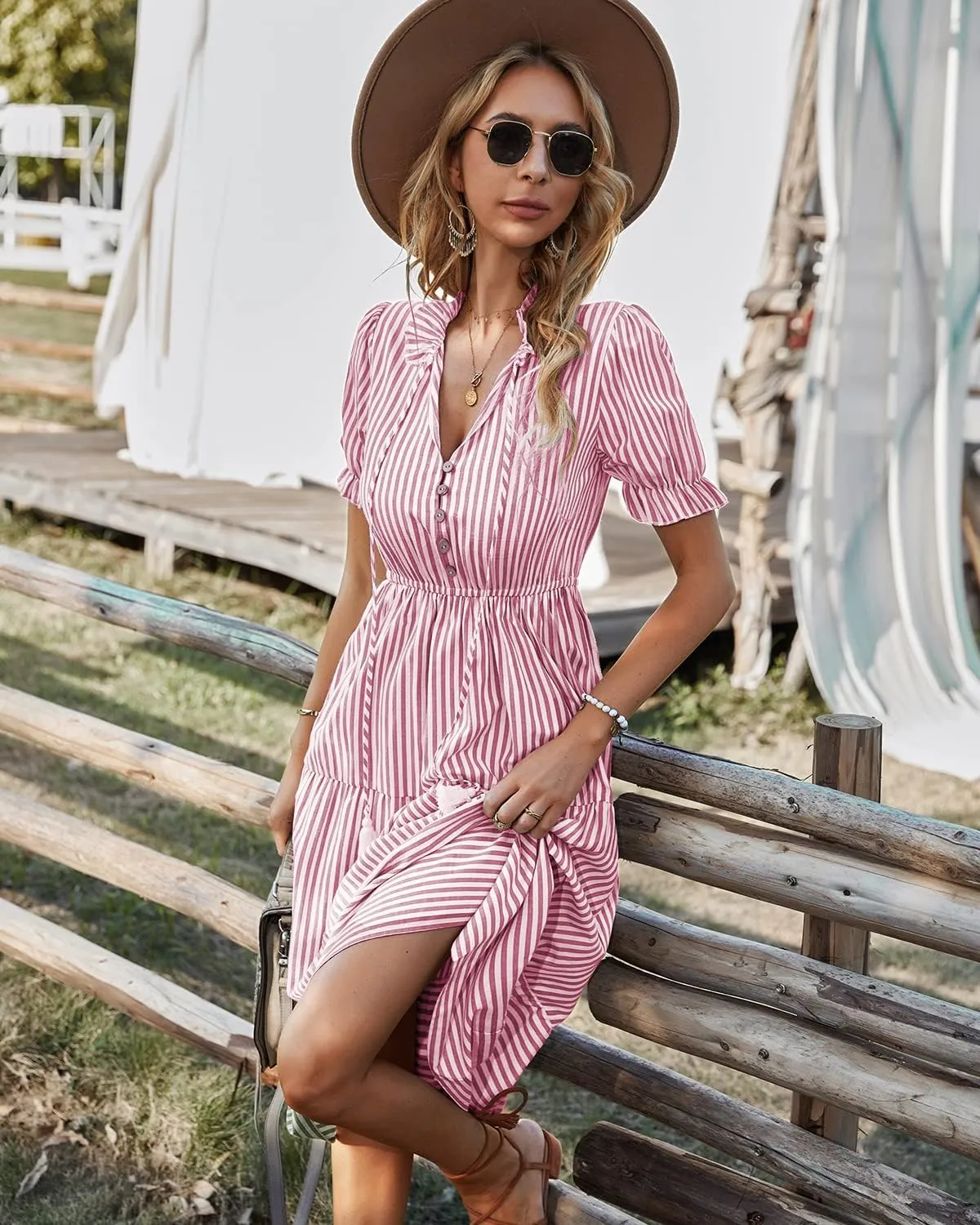 Sexyasasii Women's Summer Ruffle Puff Sleeve Dress Short Sleeve V Neck High Waist Casual Loose Striped Midi Dresses