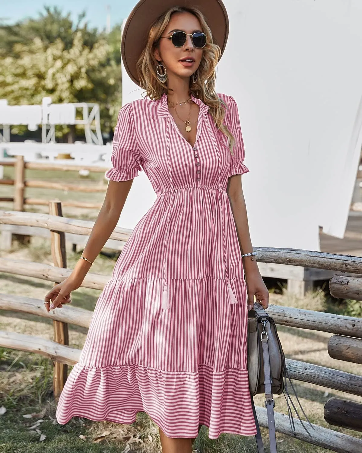 Sexyasasii Women's Summer Ruffle Puff Sleeve Dress Short Sleeve V Neck High Waist Casual Loose Striped Midi Dresses