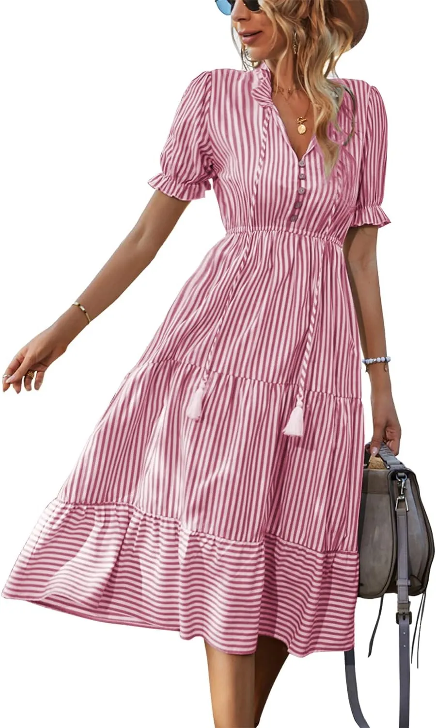 Sexyasasii Women's Summer Ruffle Puff Sleeve Dress Short Sleeve V Neck High Waist Casual Loose Striped Midi Dresses