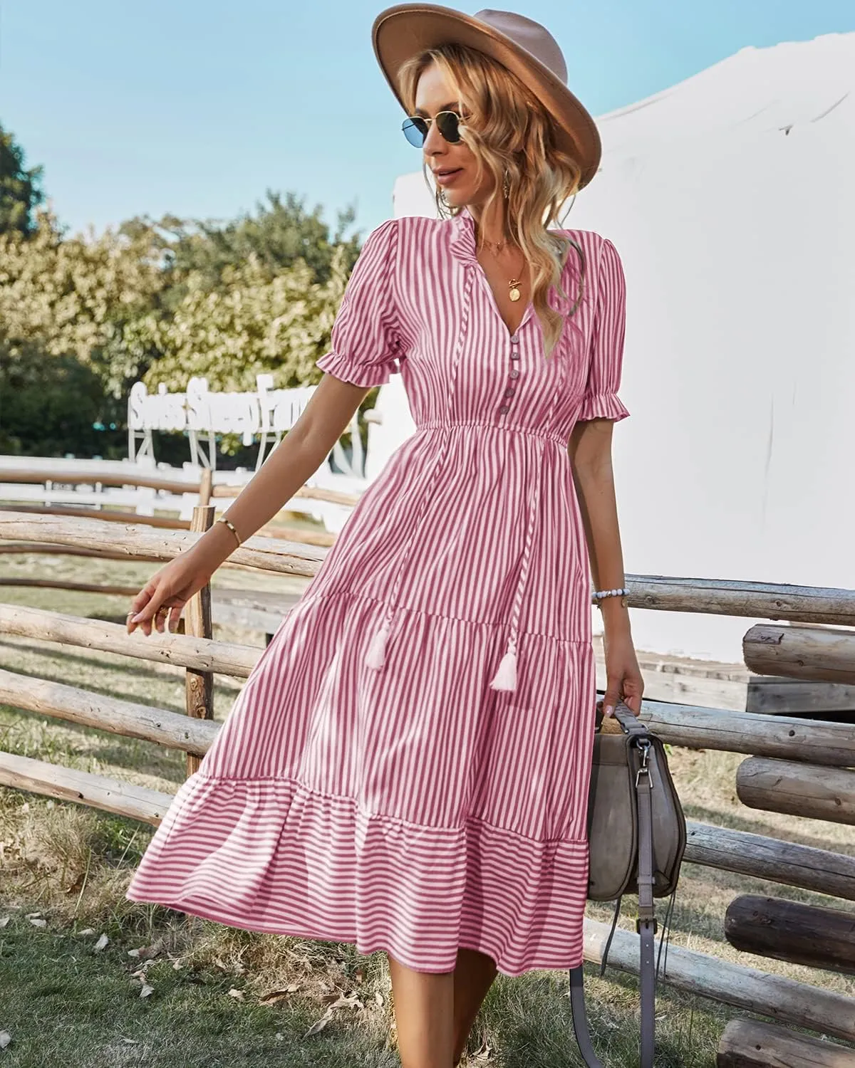 Sexyasasii Women's Summer Ruffle Puff Sleeve Dress Short Sleeve V Neck High Waist Casual Loose Striped Midi Dresses