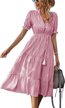 Sexyasasii Women's Summer Ruffle Puff Sleeve Dress Short Sleeve V Neck High Waist Casual Loose Striped Midi Dresses