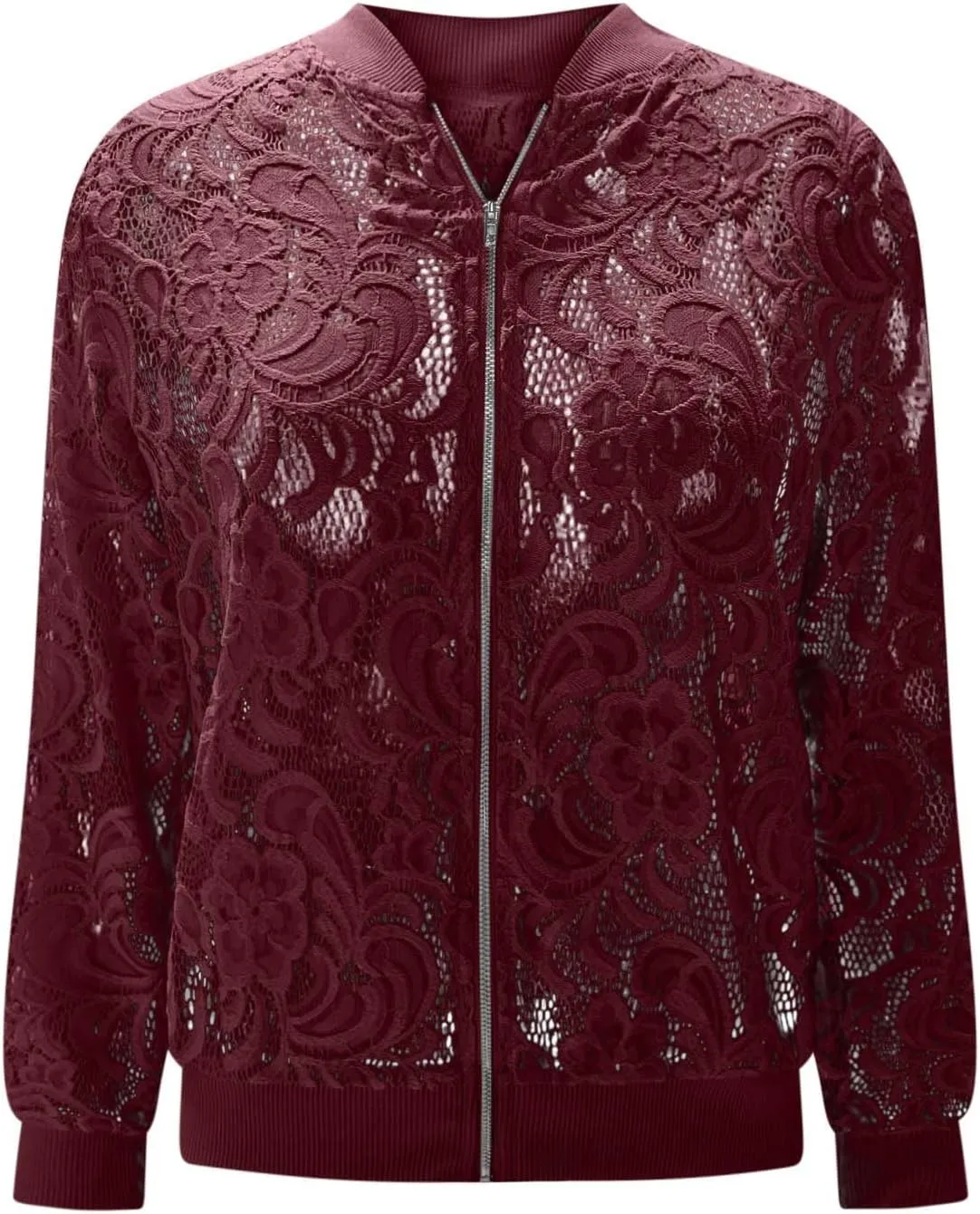 Sinzelimin Womens Lace Flroal Jacket Fashion Zipper Hollow Casual Outwear & Jackets Lightweight Cardigan Clubwear Blouse Tops