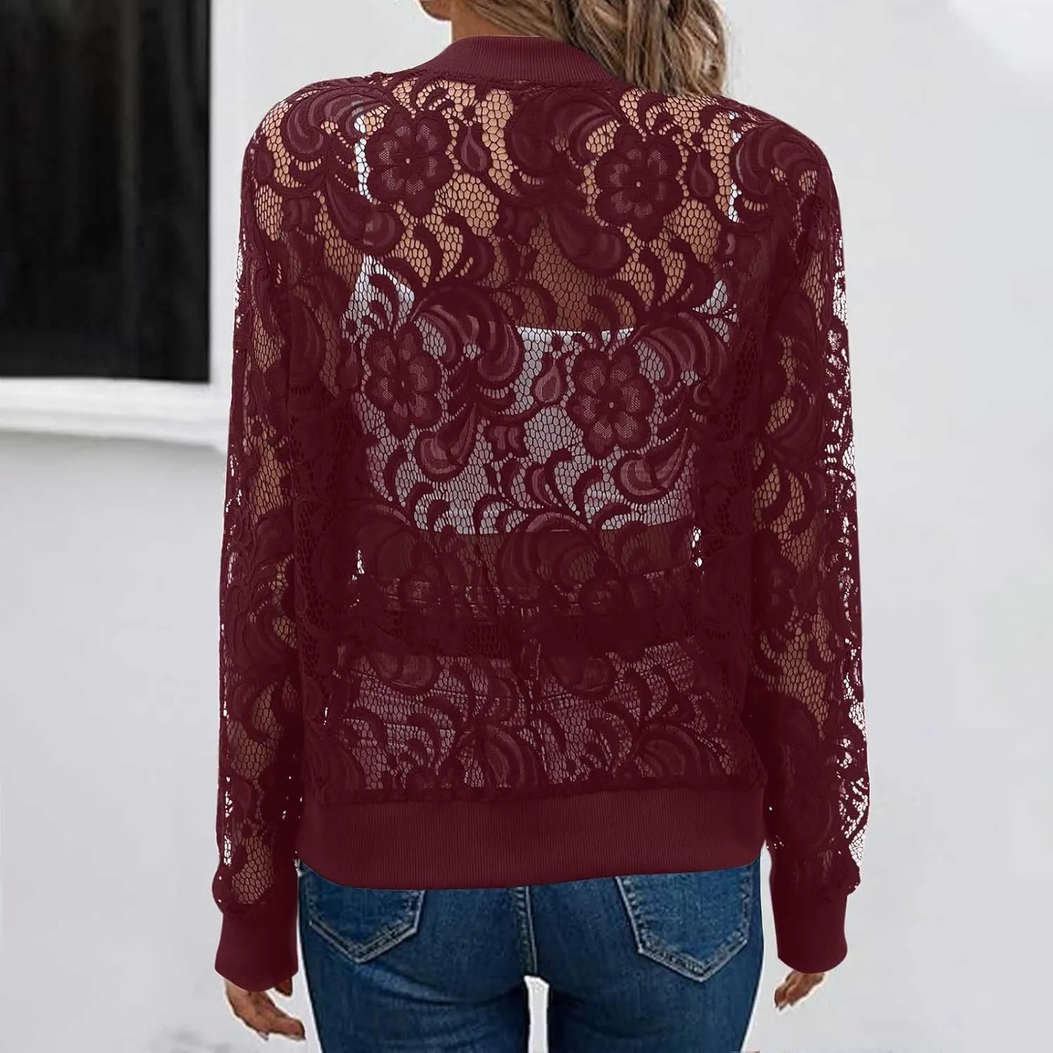 Sinzelimin Womens Lace Flroal Jacket Fashion Zipper Hollow Casual Outwear & Jackets Lightweight Cardigan Clubwear Blouse Tops