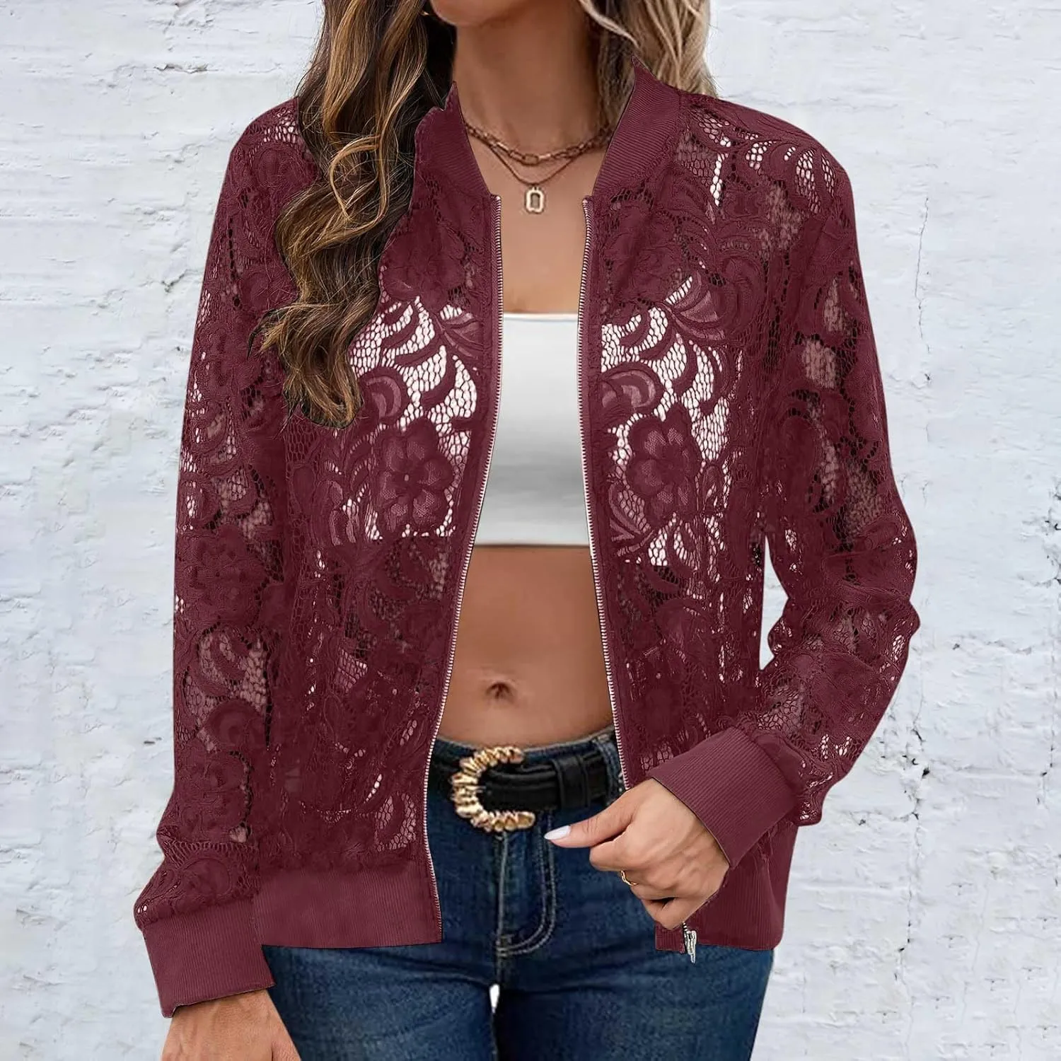 Sinzelimin Womens Lace Flroal Jacket Fashion Zipper Hollow Casual Outwear & Jackets Lightweight Cardigan Clubwear Blouse Tops