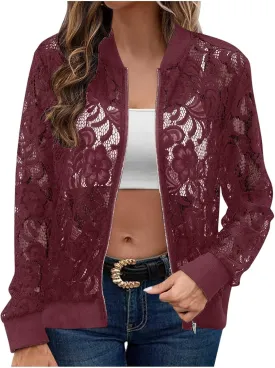 Sinzelimin Womens Lace Flroal Jacket Fashion Zipper Hollow Casual Outwear & Jackets Lightweight Cardigan Clubwear Blouse Tops