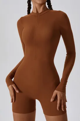 Solid Zippered Long-Sleeved Sports Jumpsuit