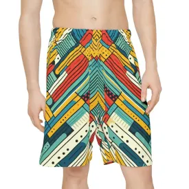 Striking Red and Green Striped Men's Sports Shorts