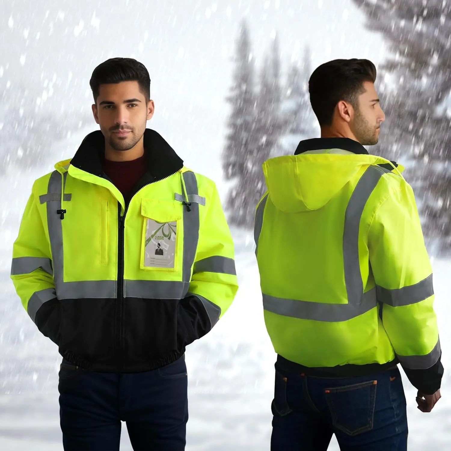 TCCFCCT Reflective Jacket, Waterproof Hi Vis Jackets for Men Security, Class 3 High Visibility Safety Jackets for Men Work, Warm Winter Bomber Work Jackets for Men with Black Bottom, J-Yellow XXL