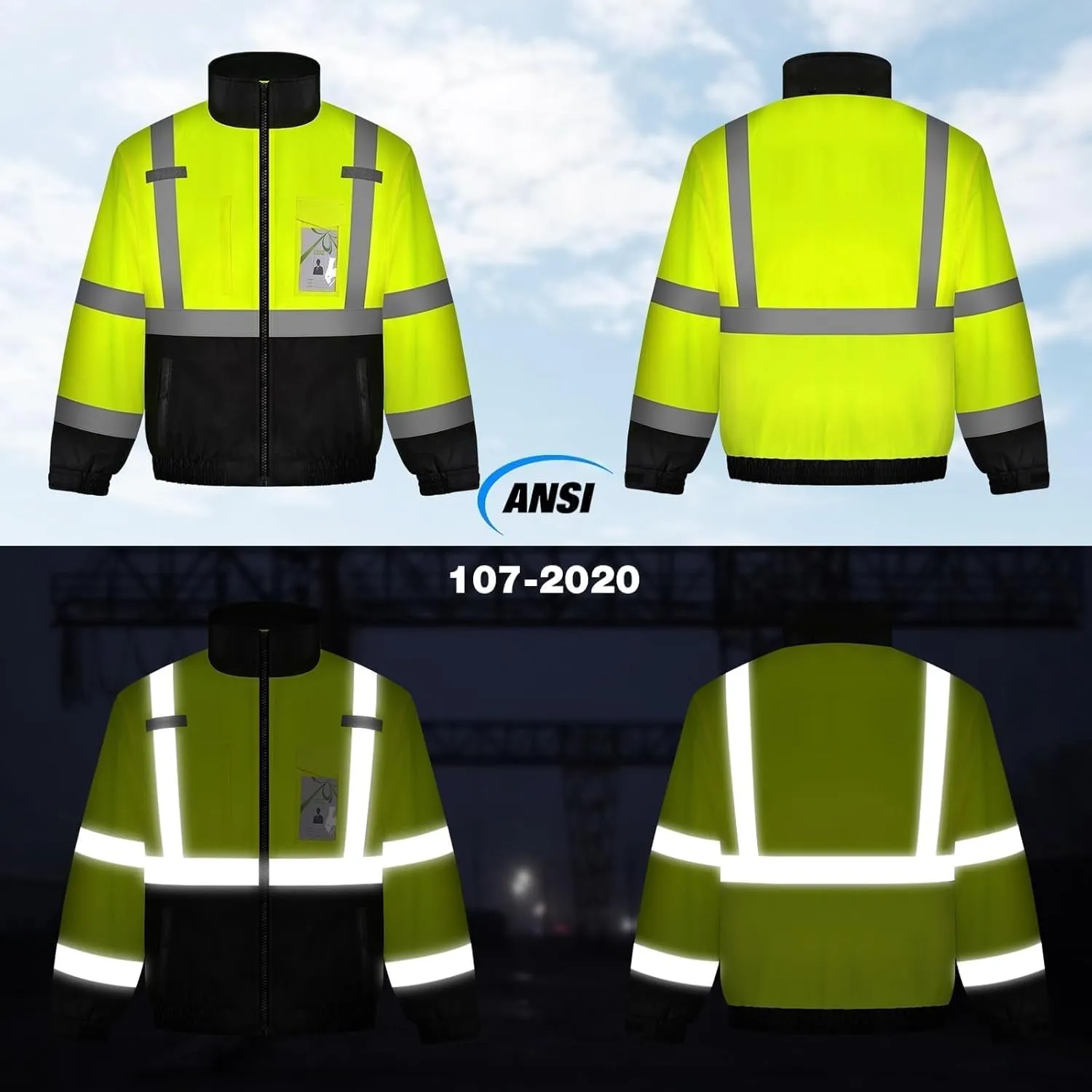 TCCFCCT Reflective Jacket, Waterproof Hi Vis Jackets for Men Security, Class 3 High Visibility Safety Jackets for Men Work, Warm Winter Bomber Work Jackets for Men with Black Bottom, J-Yellow XXL