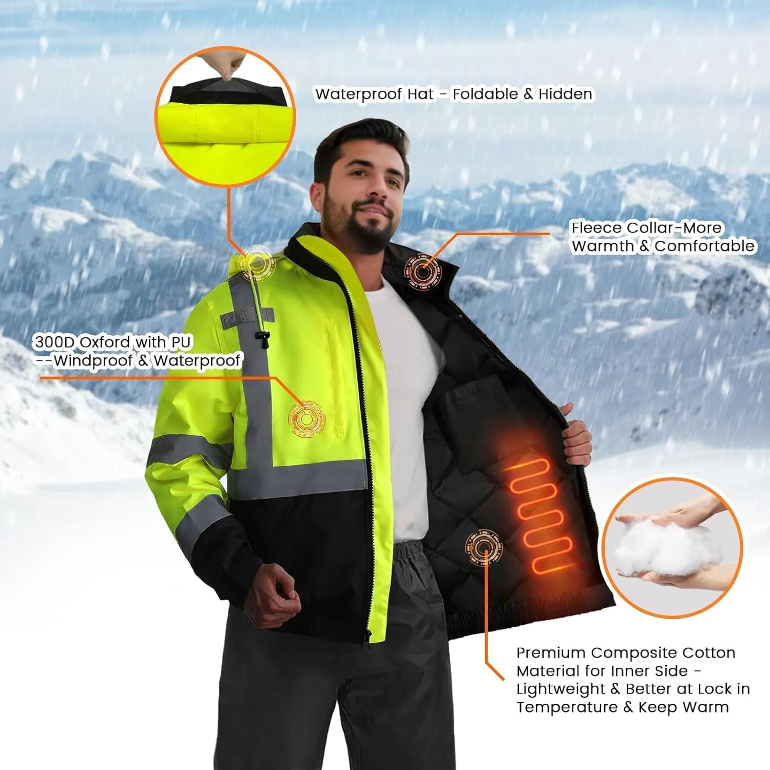 TCCFCCT Reflective Jacket, Waterproof Hi Vis Jackets for Men Security, Class 3 High Visibility Safety Jackets for Men Work, Warm Winter Bomber Work Jackets for Men with Black Bottom, J-Yellow XXL