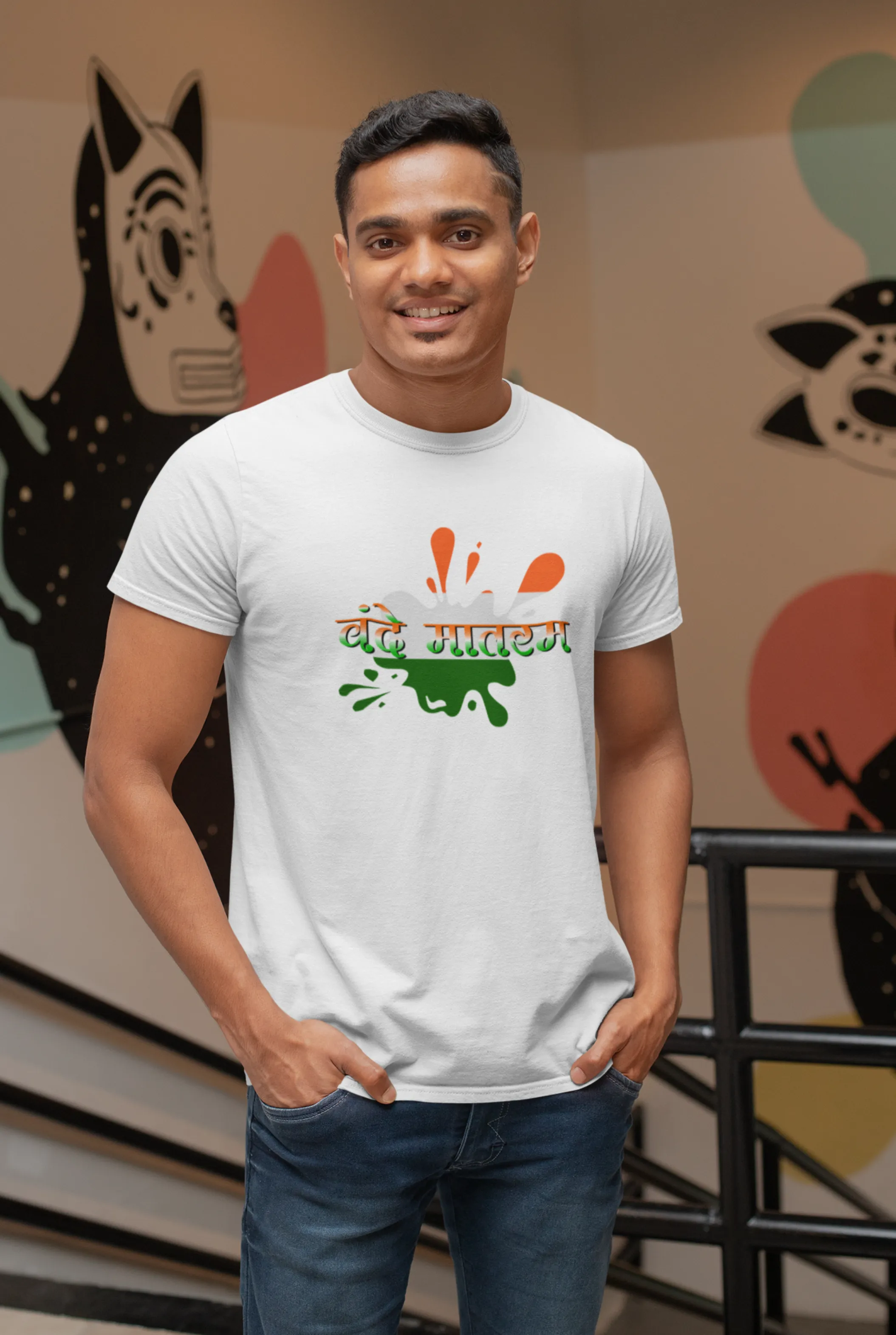Tricolour Vande Mataram White Printed T-shirt for men