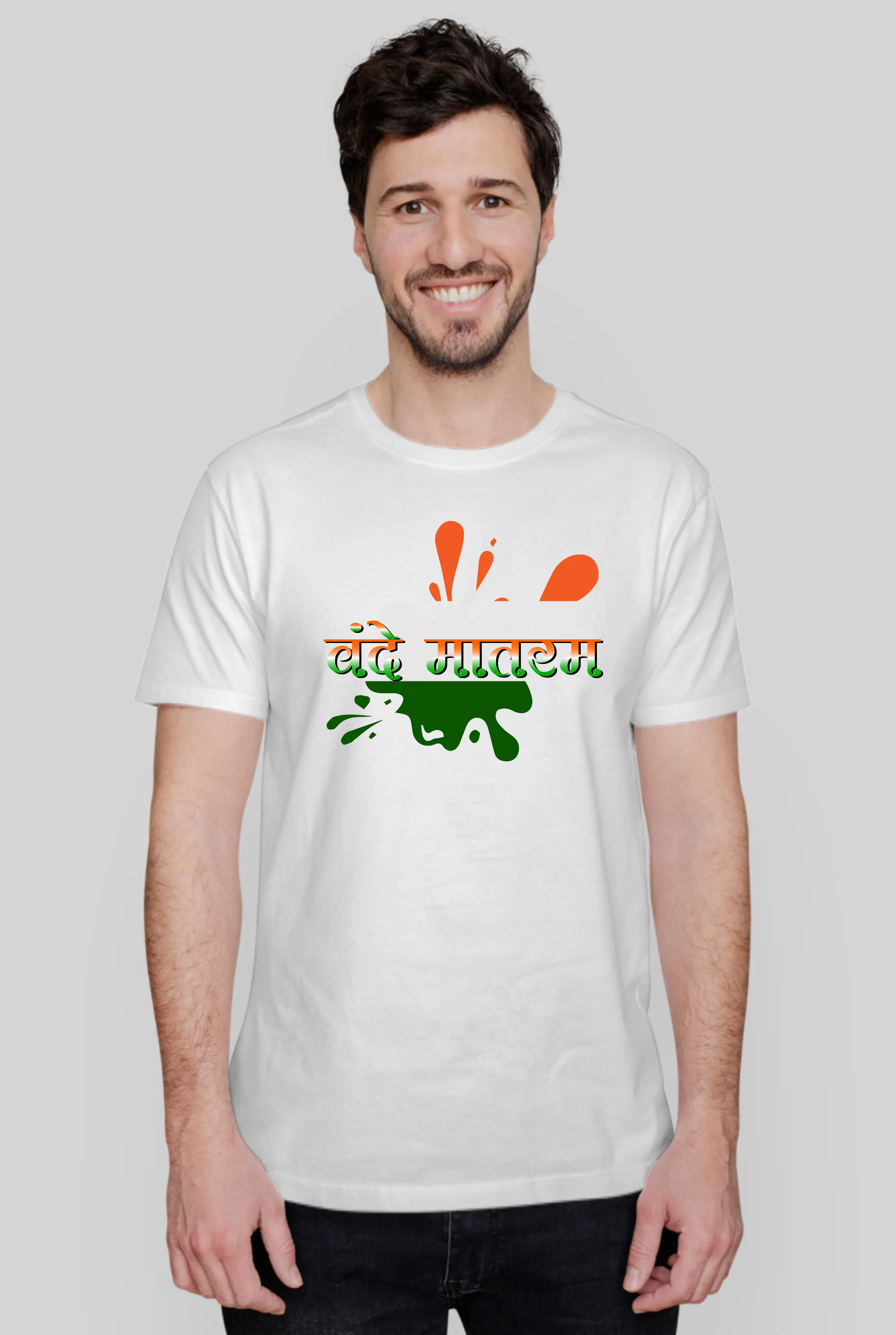 Tricolour Vande Mataram White Printed T-shirt for men