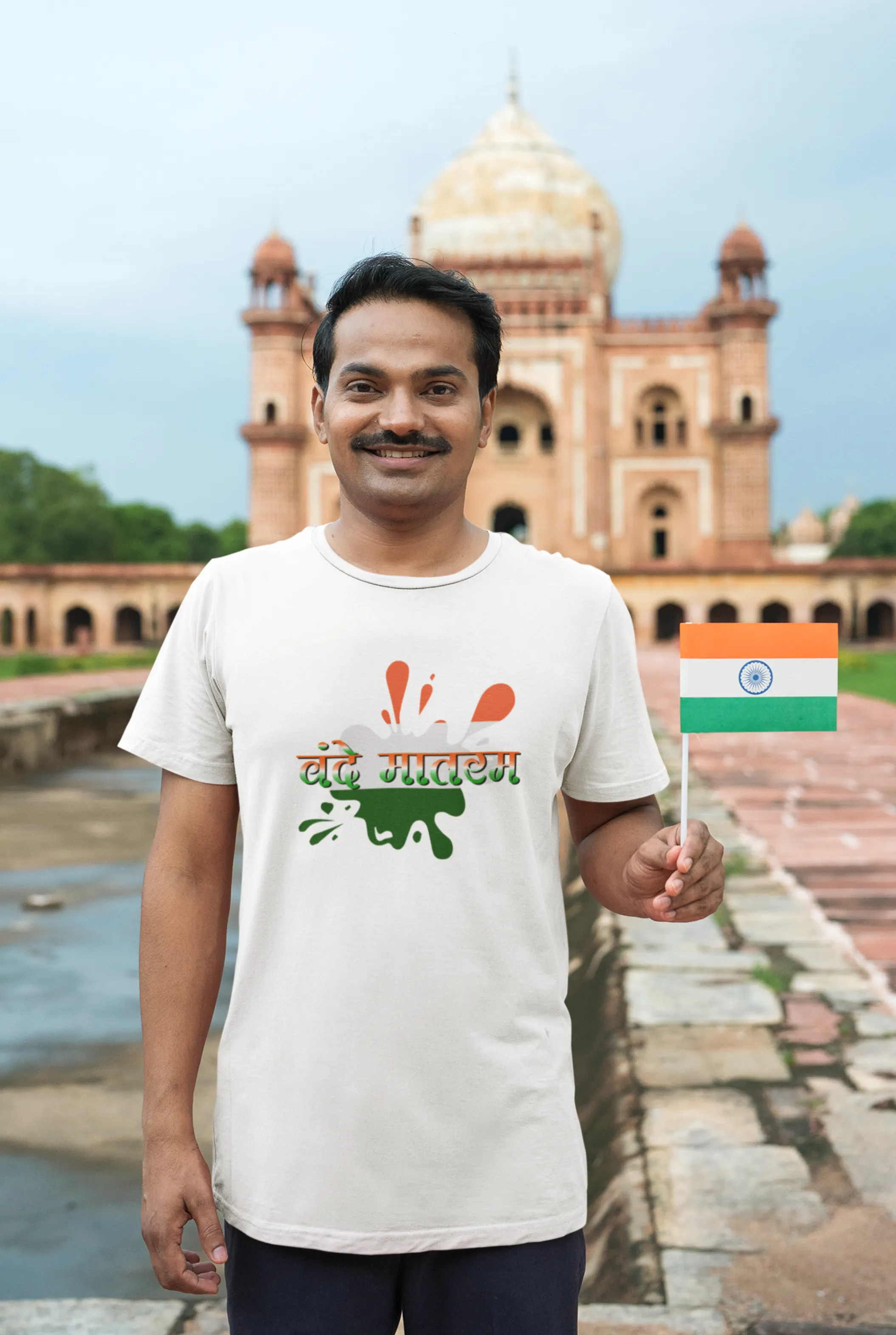 Tricolour Vande Mataram White Printed T-shirt for men