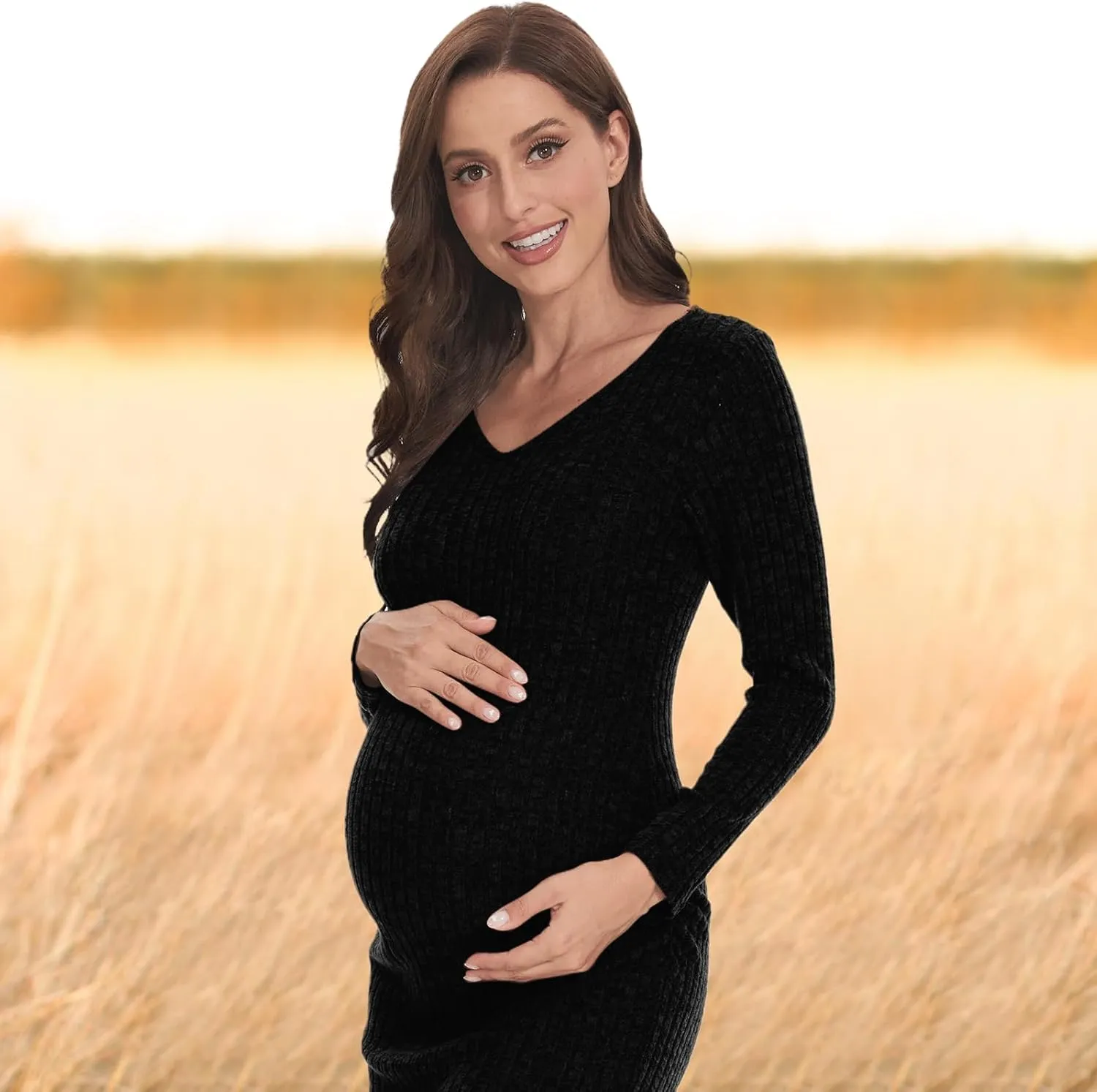 V Neck Side Ruch Knit Ribbed Maternity Bodycon Dress，Maternity Dress for Baby Shower