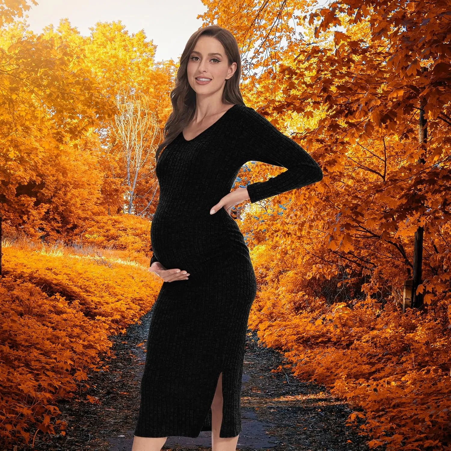 V Neck Side Ruch Knit Ribbed Maternity Bodycon Dress，Maternity Dress for Baby Shower