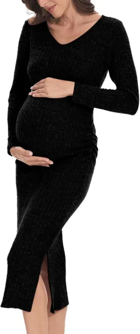V Neck Side Ruch Knit Ribbed Maternity Bodycon Dress，Maternity Dress for Baby Shower