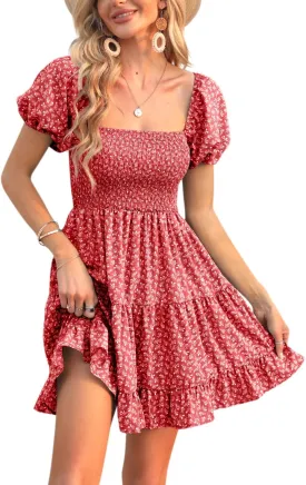 Veatzaer Women's Puff Sleeve Square Neck Smocked Babydoll Dress Boho Floral Print Off Shoulder Ruffle Mini Short Dress