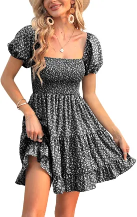Veatzaer Women's Puff Sleeve Square Neck Smocked Babydoll Dress Boho Floral Print Off Shoulder Ruffle Mini Short Dress