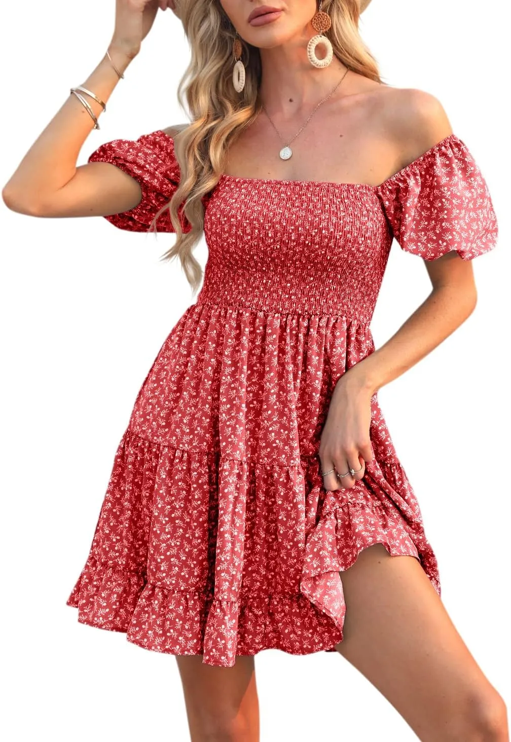 Veatzaer Women's Puff Sleeve Square Neck Smocked Babydoll Dress Boho Floral Print Off Shoulder Ruffle Mini Short Dress