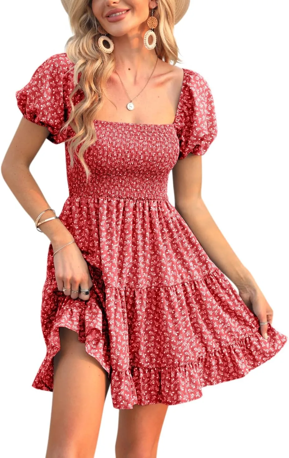 Veatzaer Women's Puff Sleeve Square Neck Smocked Babydoll Dress Boho Floral Print Off Shoulder Ruffle Mini Short Dress