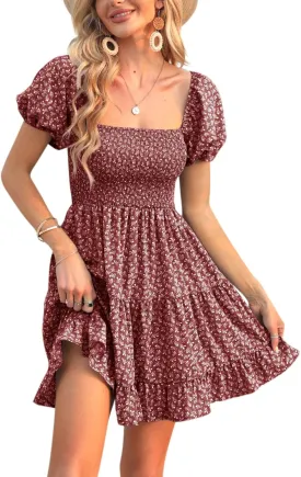 Veatzaer Women's Puff Sleeve Square Neck Smocked Babydoll Dress Boho Floral Print Off Shoulder Ruffle Mini Short Dress