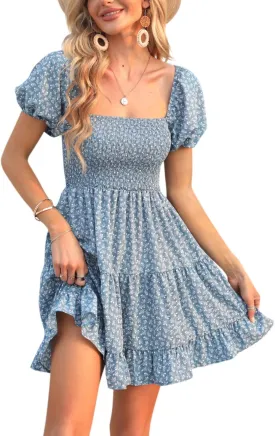 Veatzaer Women's Puff Sleeve Square Neck Smocked Babydoll Dress Boho Floral Print Off Shoulder Ruffle Mini Short Dress
