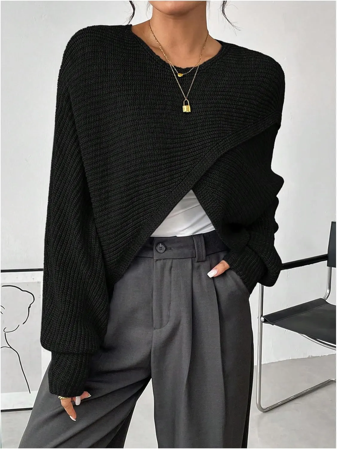 Verdusa Women's Lightweight Asymmetrical Criss Cross Crop Sweater Top Puff Sleeve Boat Neck Sweaters Coat