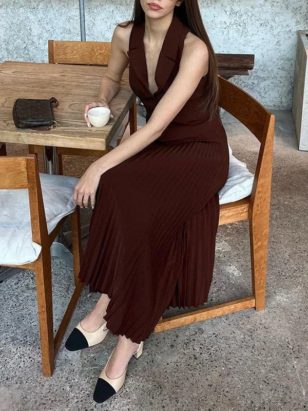 Vest Pleated Maxi Skirt Suit