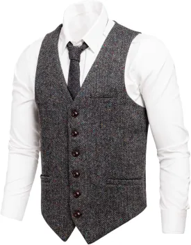 VOBOOM Men's Slim Fit Herringbone Tweed Suits Vest Premium Wool Blend Waistcoat