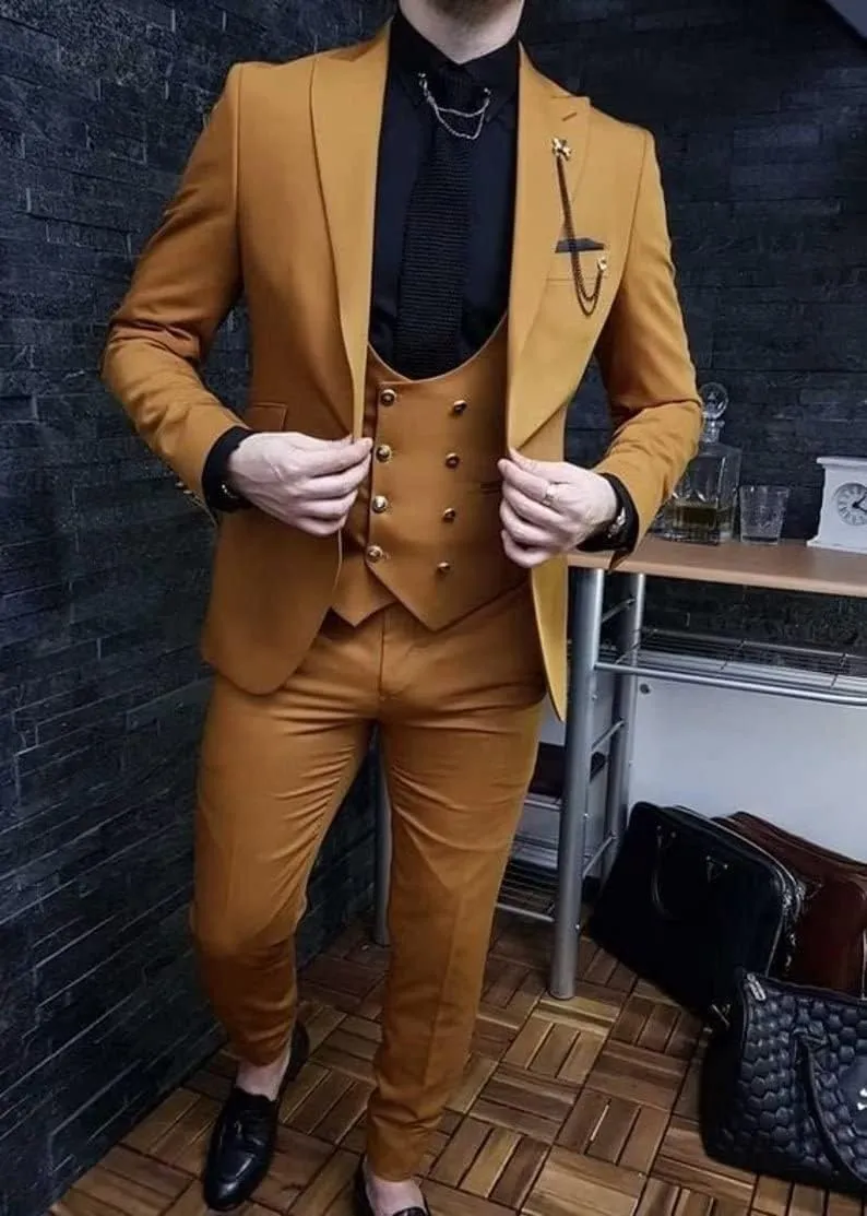 Wangyue 3 Piece Men's Suits Slim Fit Double Breasted Suit Gold Button Blazer Vest Pants Wedding Suit for Men