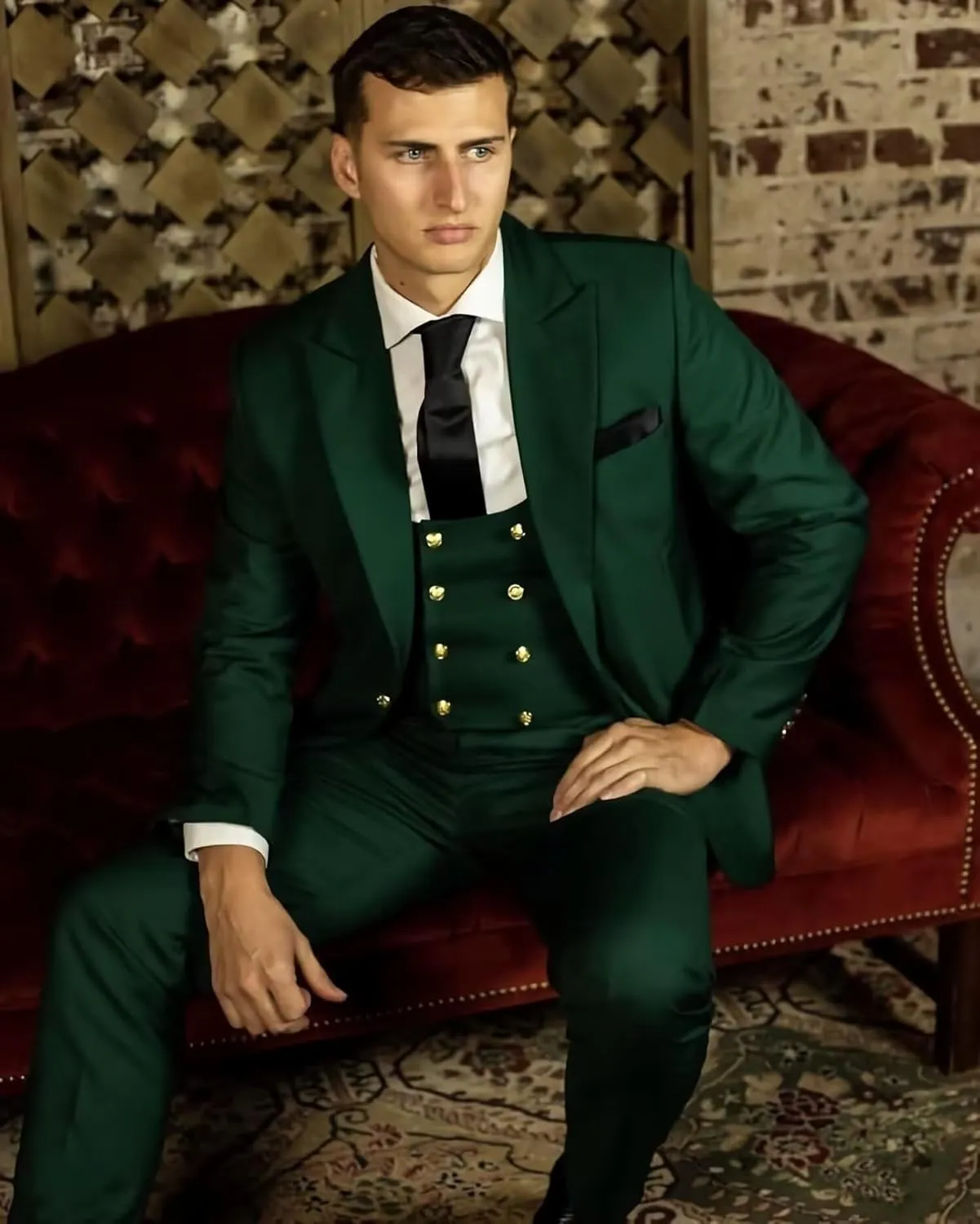 Wangyue 3 Piece Men's Suits Slim Fit Double Breasted Suit Gold Button Blazer Vest Pants Wedding Suit for Men