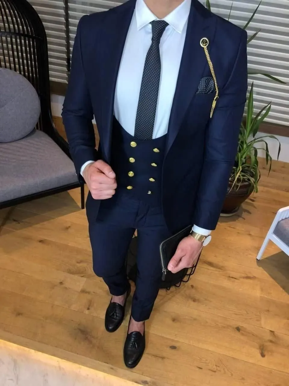 Wangyue 3 Piece Men's Suits Slim Fit Double Breasted Suit Gold Button Blazer Vest Pants Wedding Suit for Men