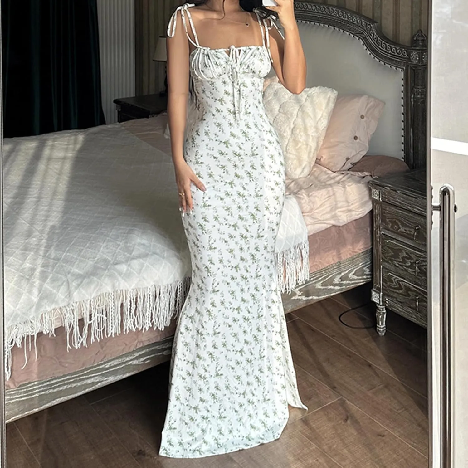 Women Backless Maxi Dress Sexy Sleeveless Spaghetti Strap Floral Bodycon Maxi Dress Cocktail Party Long Dress