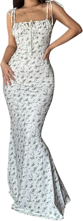 Women Backless Maxi Dress Sexy Sleeveless Spaghetti Strap Floral Bodycon Maxi Dress Cocktail Party Long Dress