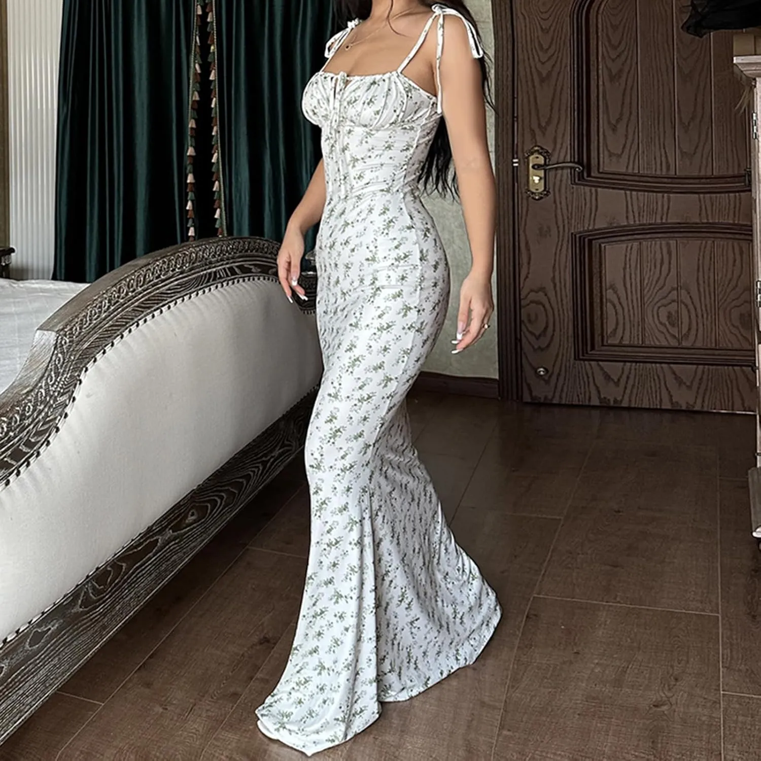 Women Backless Maxi Dress Sexy Sleeveless Spaghetti Strap Floral Bodycon Maxi Dress Cocktail Party Long Dress