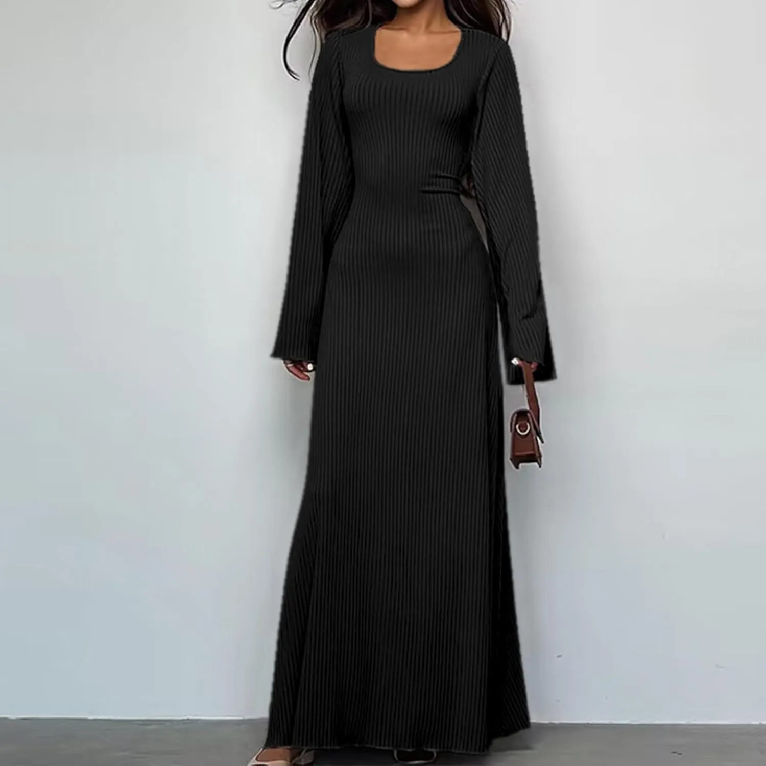 Women Flare Sleeve Maxi Dress Sexy Square Neck Long Sleeve Knit Ribbed Bodycon Dresses Casual Lace Up Back Dress
