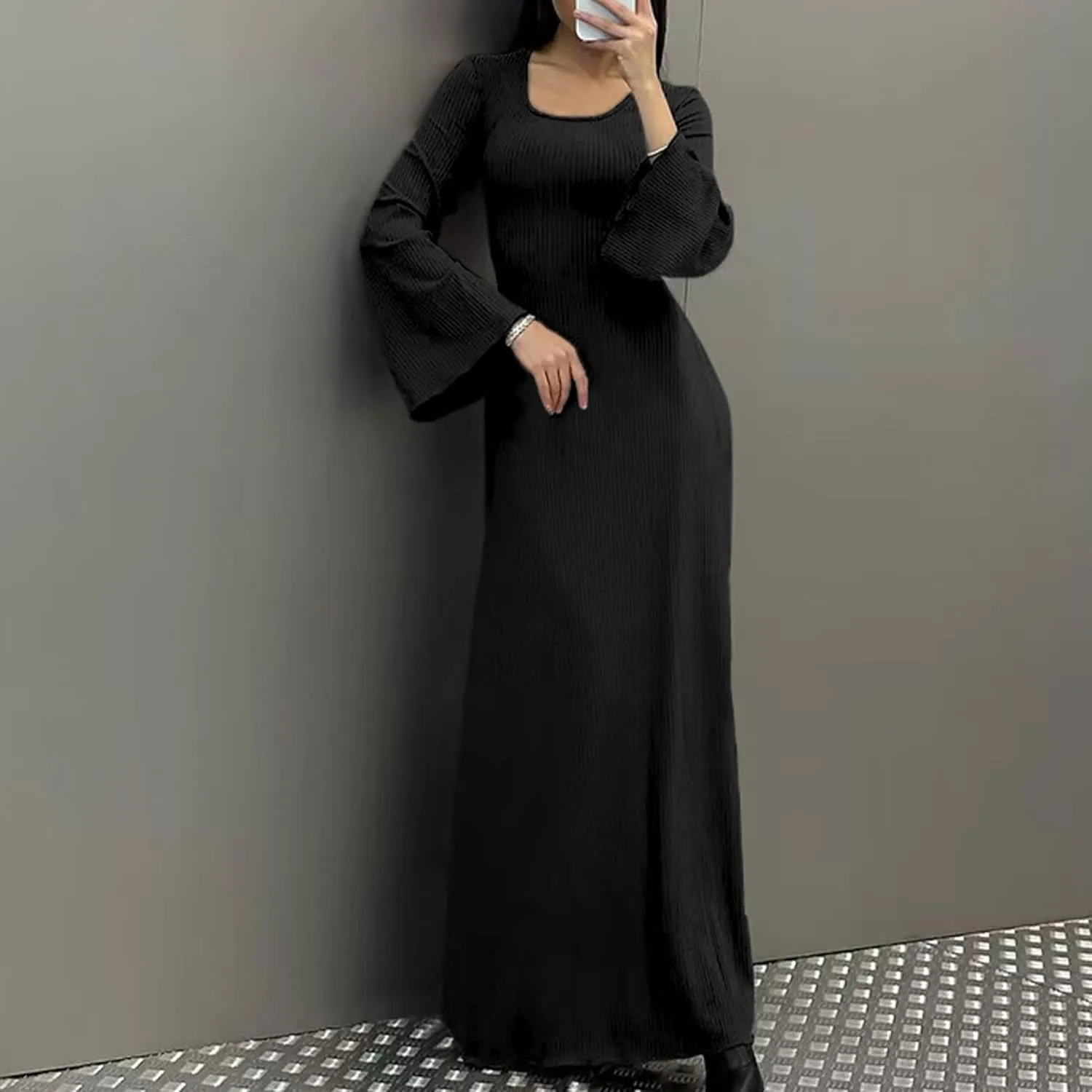 Women Flare Sleeve Maxi Dress Sexy Square Neck Long Sleeve Knit Ribbed Bodycon Dresses Casual Lace Up Back Dress
