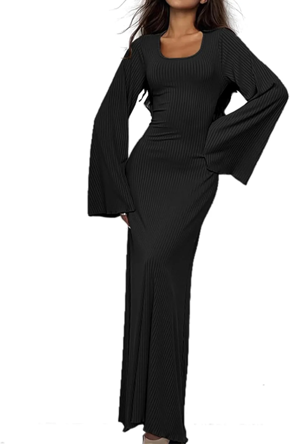 Women Flare Sleeve Maxi Dress Sexy Square Neck Long Sleeve Knit Ribbed Bodycon Dresses Casual Lace Up Back Dress