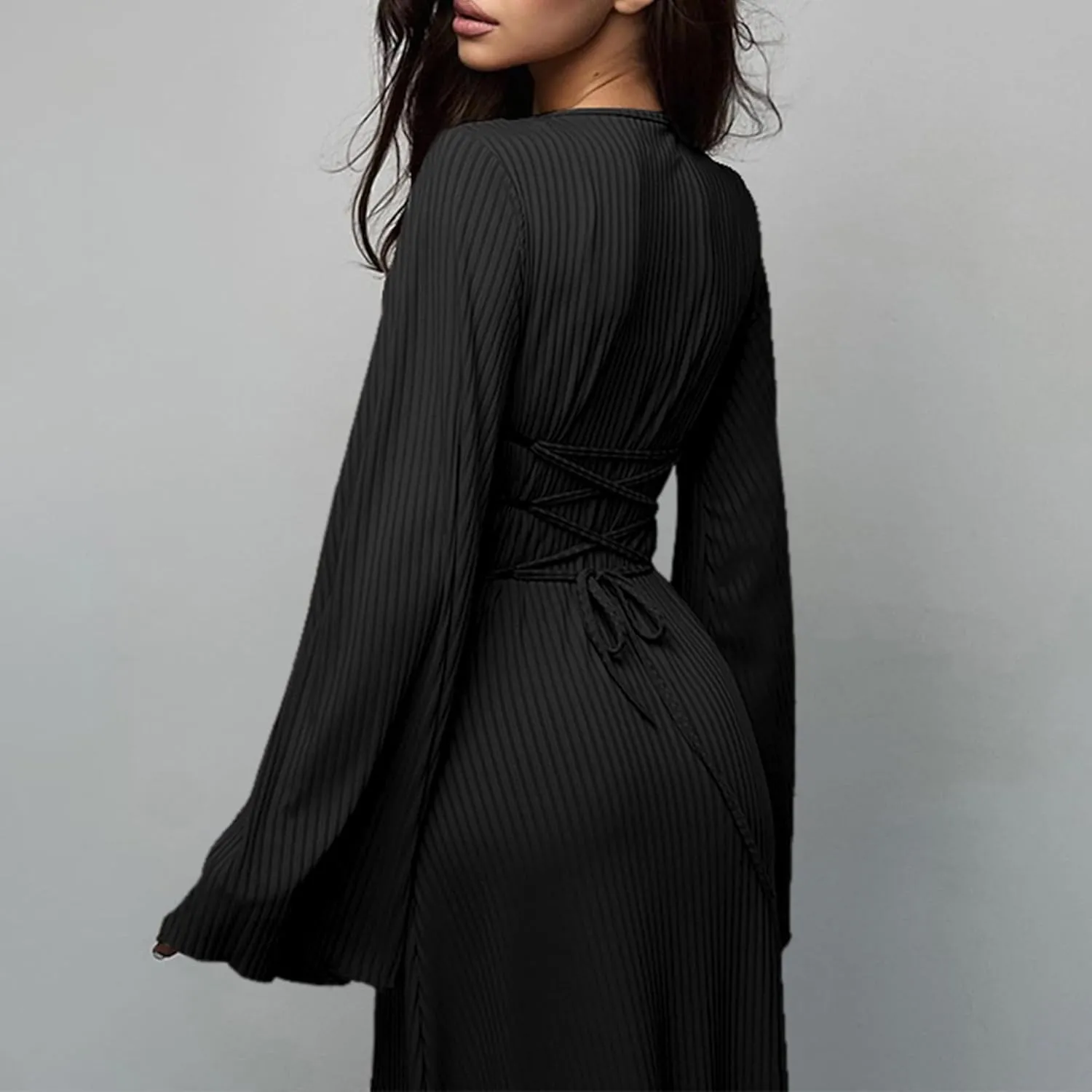 Women Flare Sleeve Maxi Dress Sexy Square Neck Long Sleeve Knit Ribbed Bodycon Dresses Casual Lace Up Back Dress