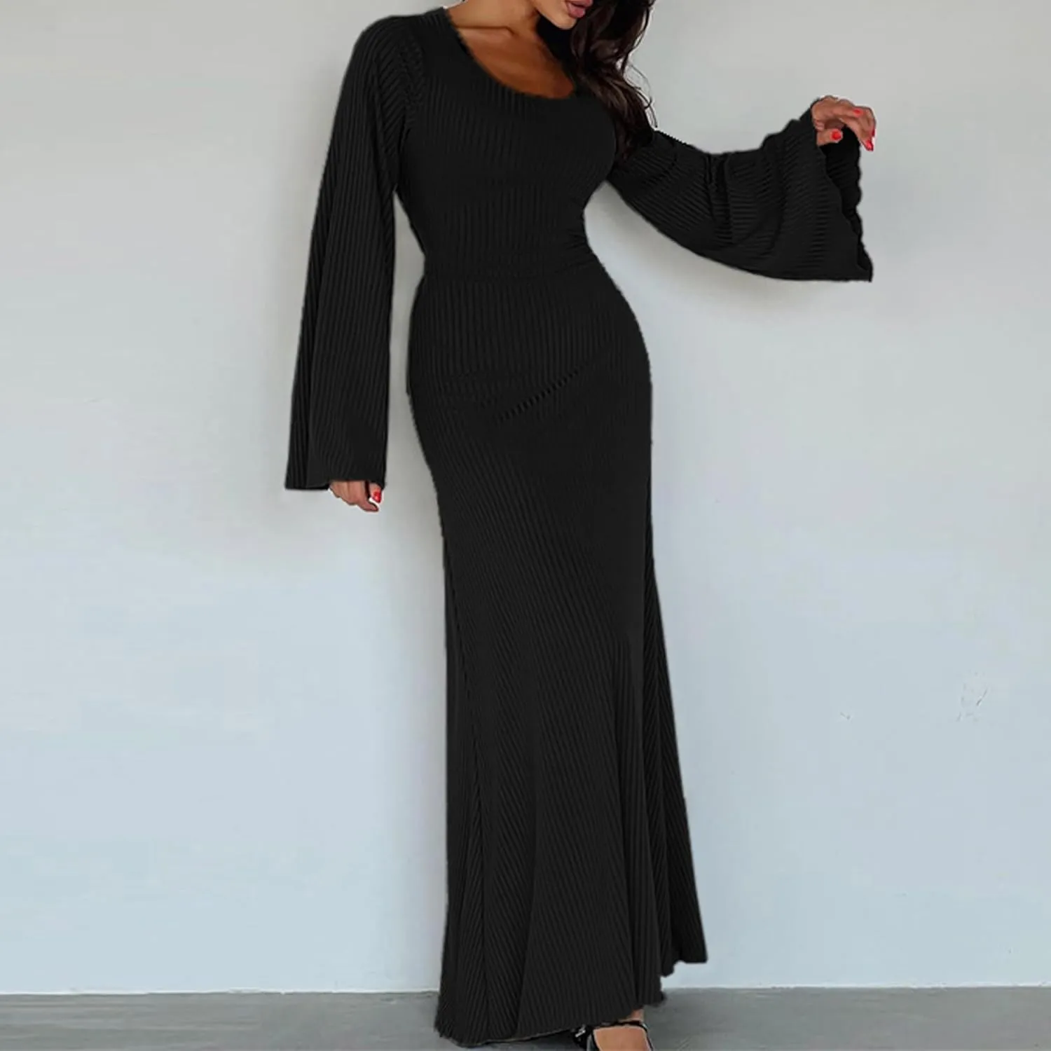 Women Flare Sleeve Maxi Dress Sexy Square Neck Long Sleeve Knit Ribbed Bodycon Dresses Casual Lace Up Back Dress