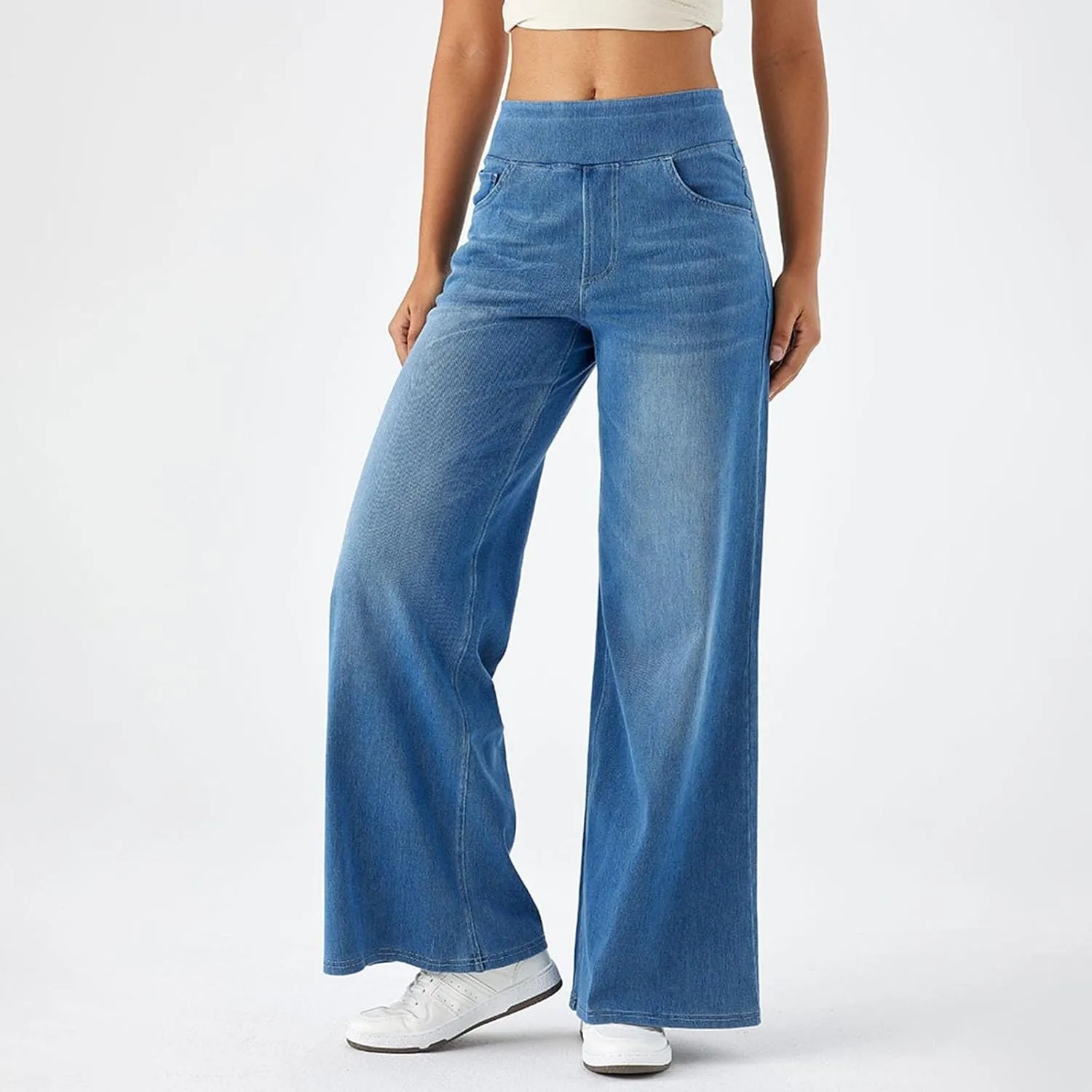 Women Sweatpant Jeans Sweatpants That Look Like Jeans High Waisted Stretchy Pull On Wide Leg Denim Pants with Pockets